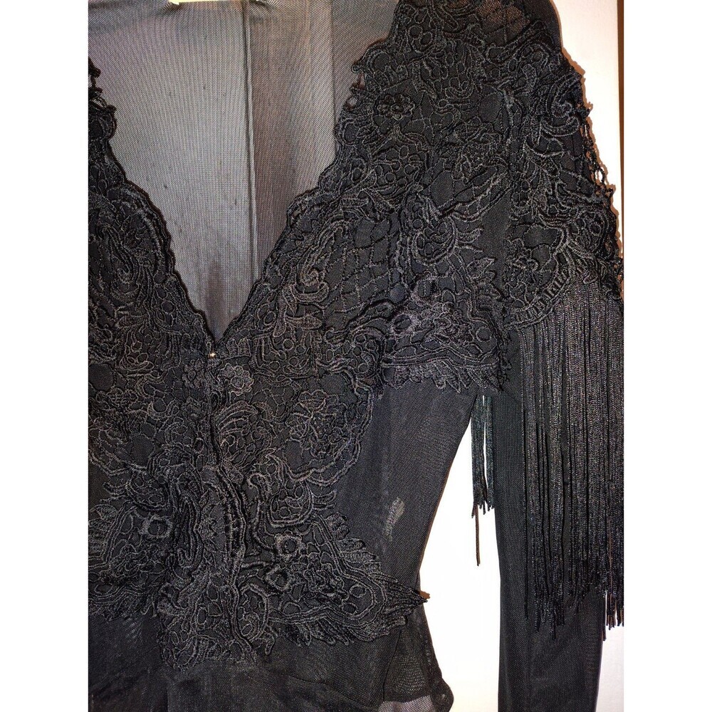 Lizette Collection Black Mesh Bodysuit Large Lace Fringe Sheer Long Sleeve L - Picture 3 of 10
